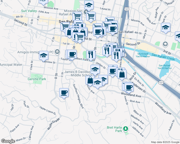 map of restaurants, bars, coffee shops, grocery stores, and more near 615 Lindaro Street in San Rafael