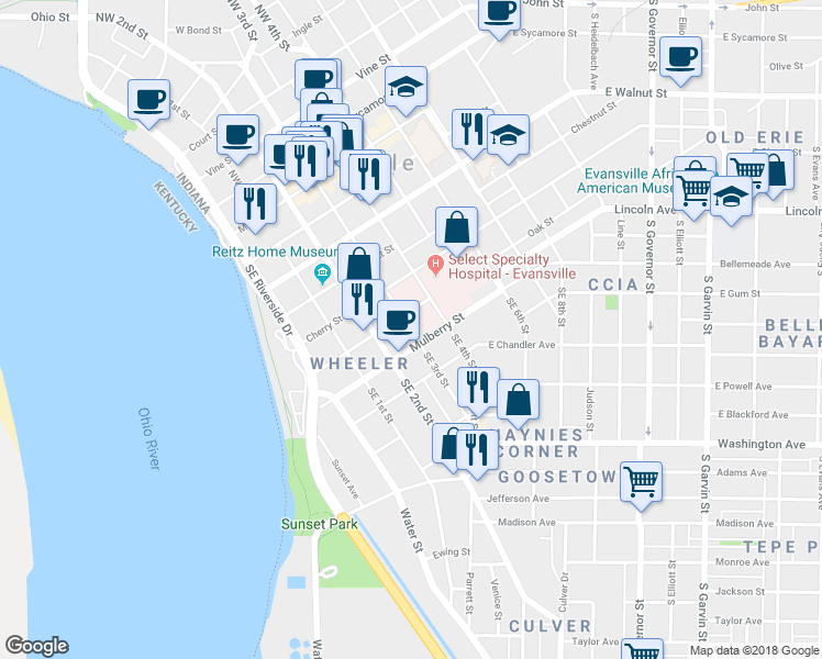 map of restaurants, bars, coffee shops, grocery stores, and more near 501 Southeast 3rd Street in Evansville