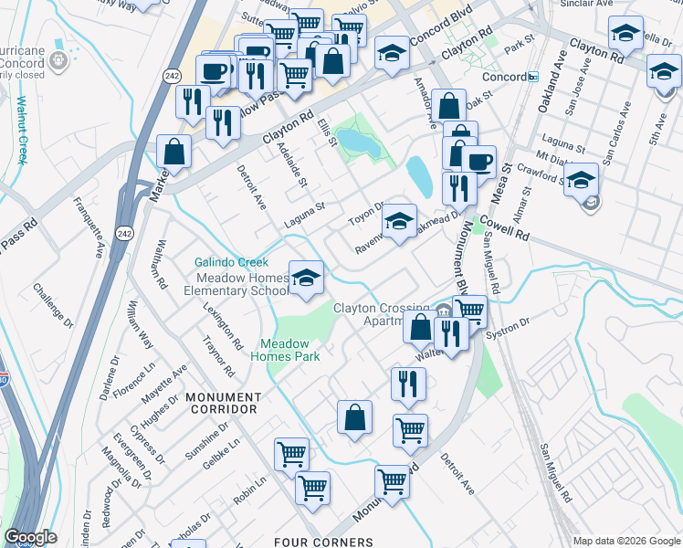map of restaurants, bars, coffee shops, grocery stores, and more near 1712 Oakmead Drive in Concord
