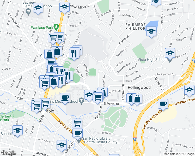 map of restaurants, bars, coffee shops, grocery stores, and more near 2465 Greenwood Drive in San Pablo