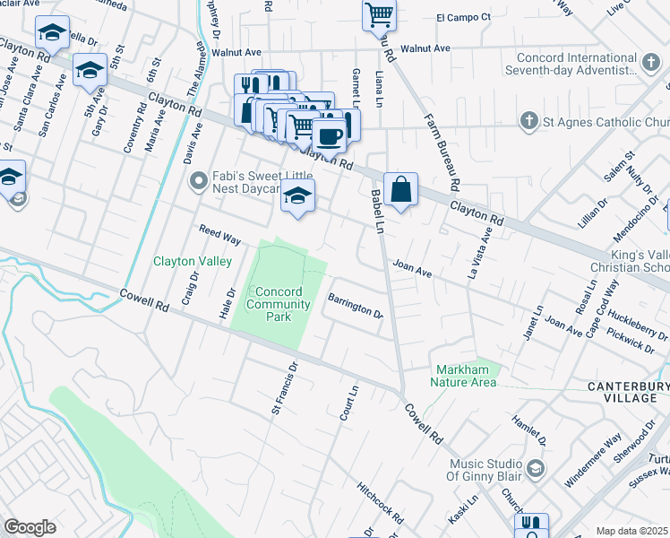 map of restaurants, bars, coffee shops, grocery stores, and more near 3695 Merridan Drive in Concord