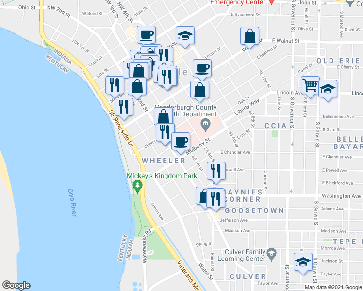 map of restaurants, bars, coffee shops, grocery stores, and more near 223 Oak Street in Evansville