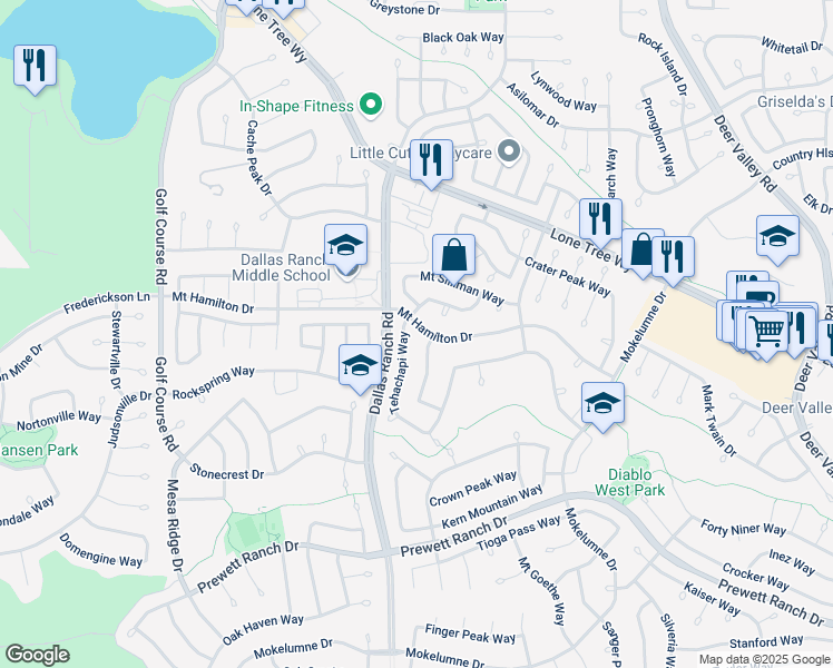 map of restaurants, bars, coffee shops, grocery stores, and more near 1608 Mount Hamilton Drive in Antioch