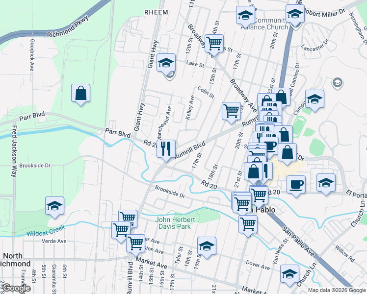 map of restaurants, bars, coffee shops, grocery stores, and more near 2410 Douglas Street in San Pablo