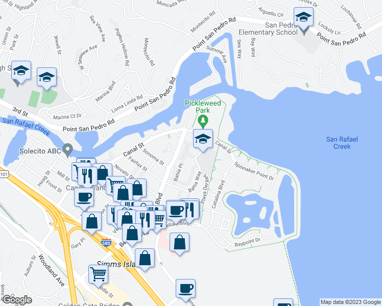 map of restaurants, bars, coffee shops, grocery stores, and more near 187 Bahia Circle in San Rafael