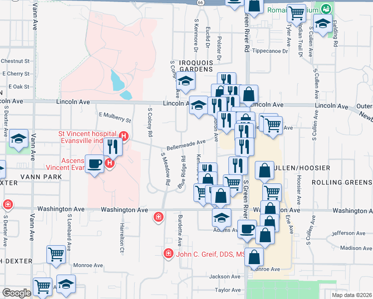 map of restaurants, bars, coffee shops, grocery stores, and more near 700 Blue Ridge Road in Evansville