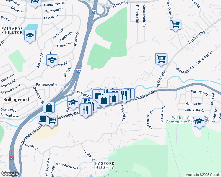 map of restaurants, bars, coffee shops, grocery stores, and more near 3806 Vía Verdi in El Sobrante