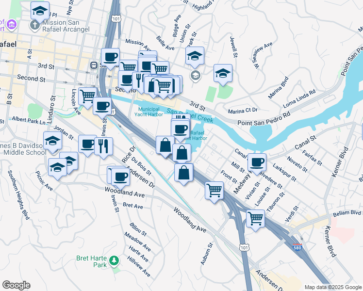 map of restaurants, bars, coffee shops, grocery stores, and more near 11 Bay St in San Rafael