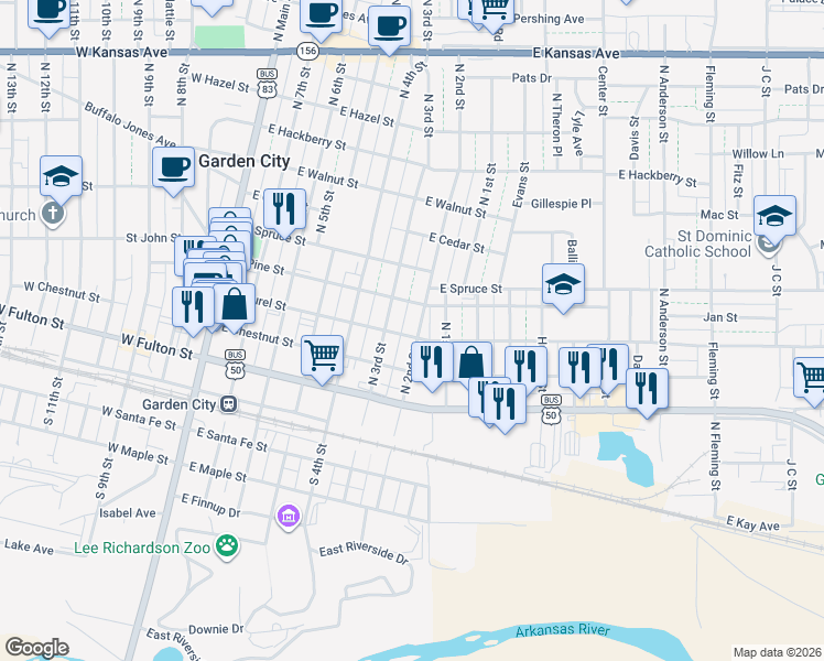 map of restaurants, bars, coffee shops, grocery stores, and more near 611 East Laurel Street in Garden City