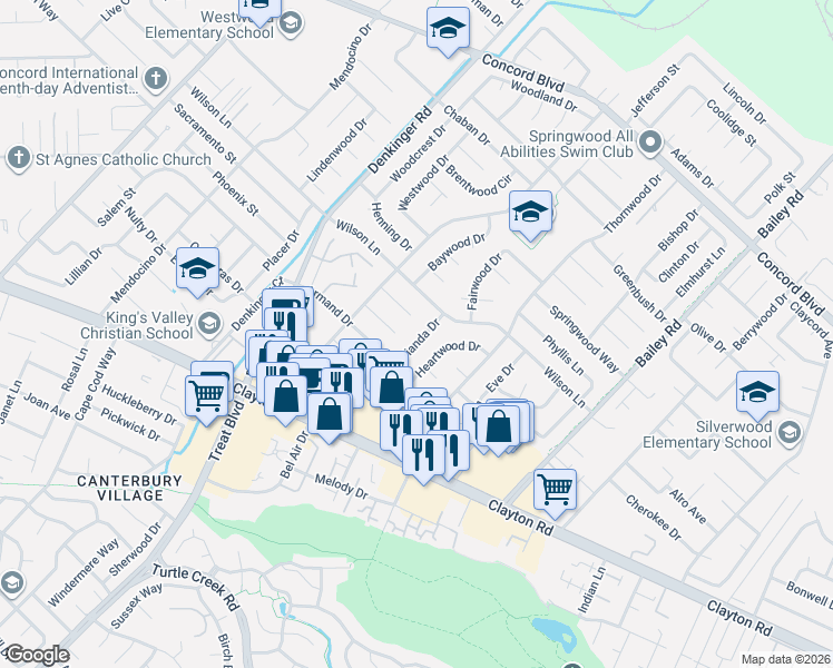 map of restaurants, bars, coffee shops, grocery stores, and more near 1573 Dianda Drive in Concord