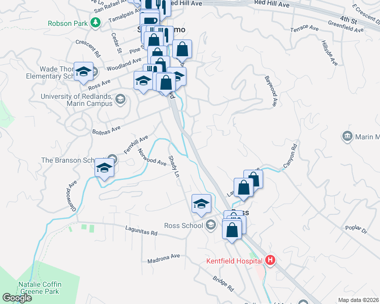 map of restaurants, bars, coffee shops, grocery stores, and more near 57 Sir Francis Drake Boulevard in San Anselmo
