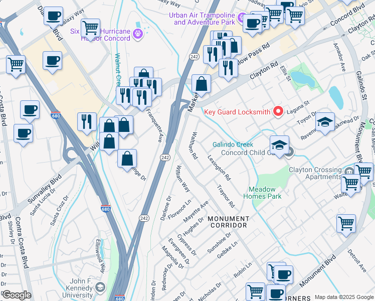 map of restaurants, bars, coffee shops, grocery stores, and more near 1569 Waltham Road in Concord