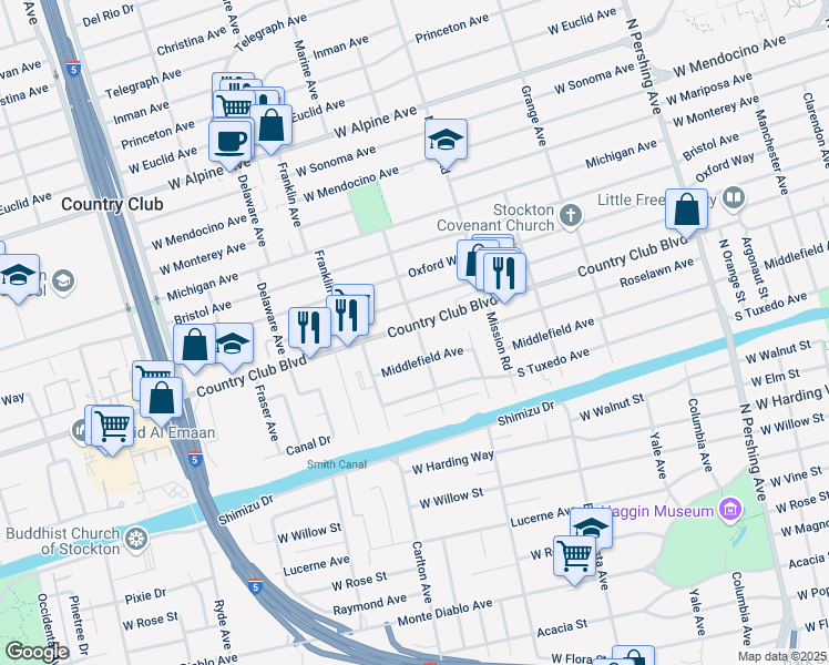 map of restaurants, bars, coffee shops, grocery stores, and more near 2345 Marine Avenue in Stockton