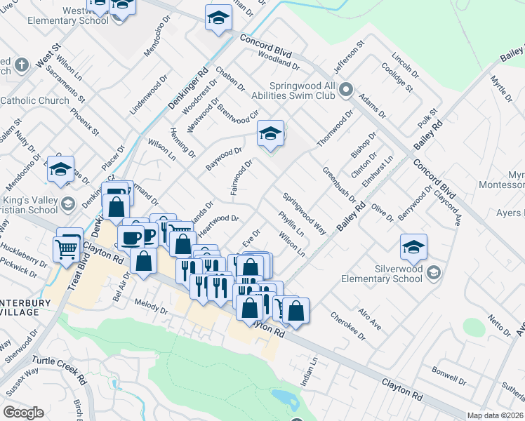 map of restaurants, bars, coffee shops, grocery stores, and more near 4608 Phyllis Lane in Concord