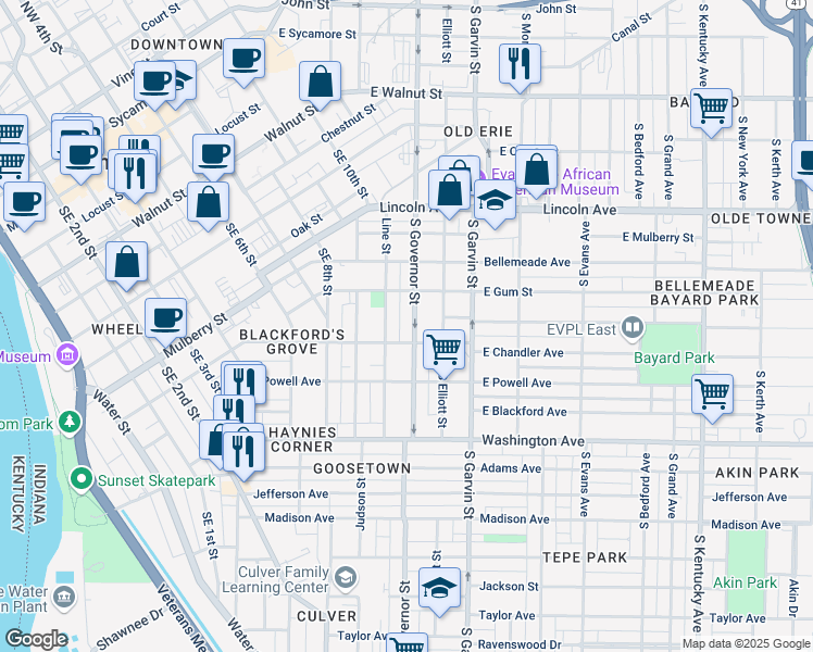 map of restaurants, bars, coffee shops, grocery stores, and more near 779 South Governor Street in Evansville