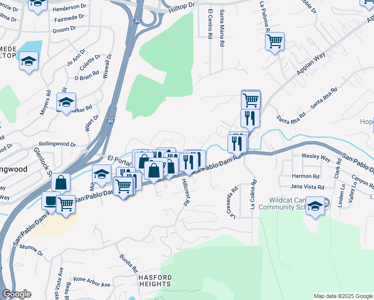 map of restaurants, bars, coffee shops, grocery stores, and more near 5017 Mozart Drive in El Sobrante
