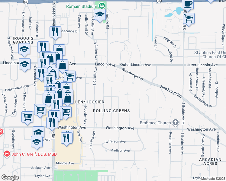 map of restaurants, bars, coffee shops, grocery stores, and more near 736 Stewart Avenue in Evansville