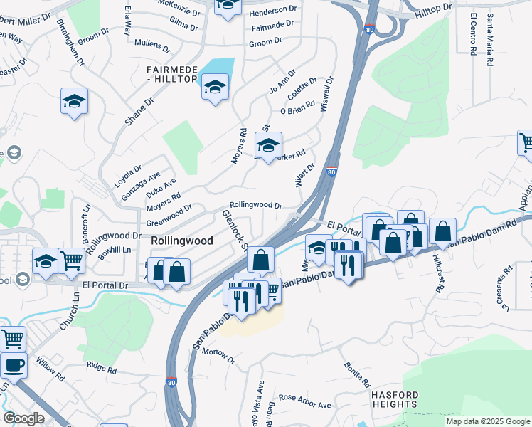 map of restaurants, bars, coffee shops, grocery stores, and more near 3080 Avon Lane in San Pablo