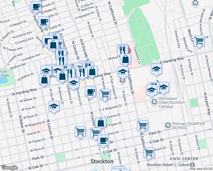 map of restaurants, bars, coffee shops, grocery stores, and more near 1336 North Hunter Street in Stockton