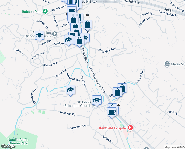 map of restaurants, bars, coffee shops, grocery stores, and more near 57 Sir Francis Drake Boulevard in San Anselmo