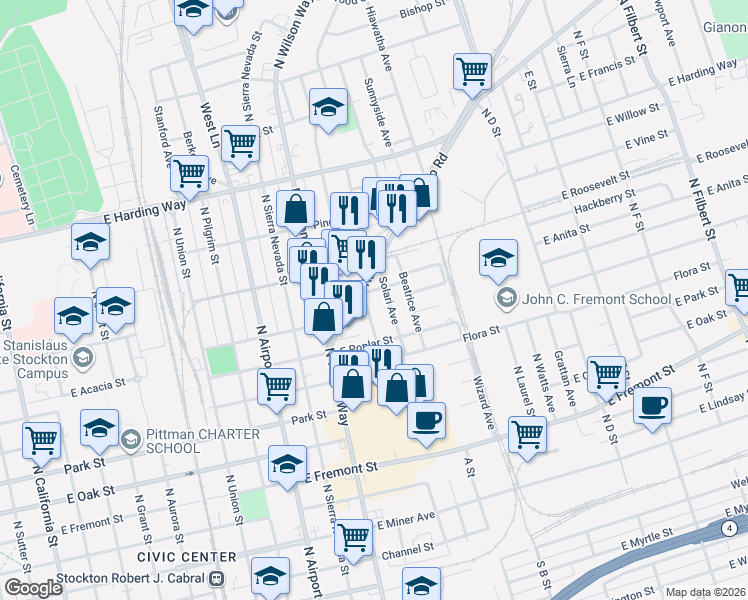 map of restaurants, bars, coffee shops, grocery stores, and more near 976 Pleasant Avenue in Stockton