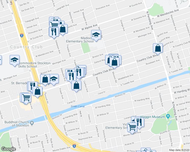 map of restaurants, bars, coffee shops, grocery stores, and more near 2346 Marine Avenue in Stockton