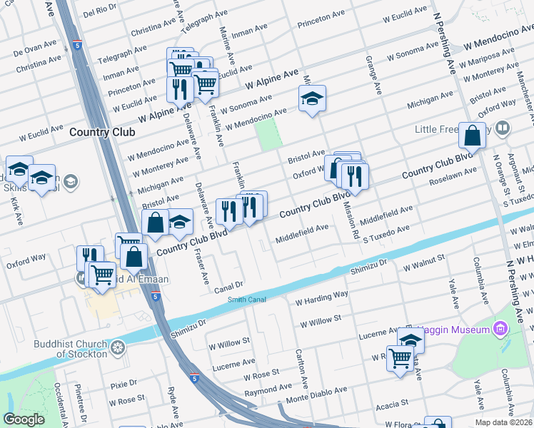 map of restaurants, bars, coffee shops, grocery stores, and more near 2047 Country Club Boulevard in Stockton
