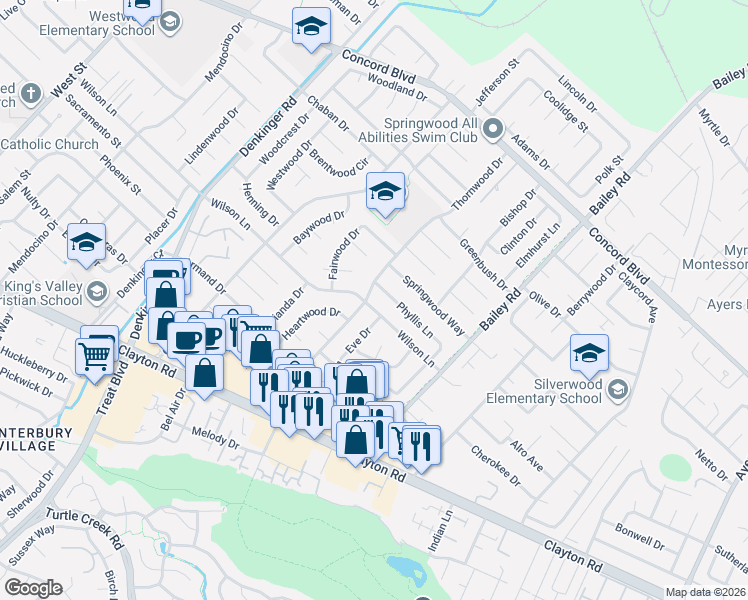 map of restaurants, bars, coffee shops, grocery stores, and more near 4608 Phyllis Lane in Concord