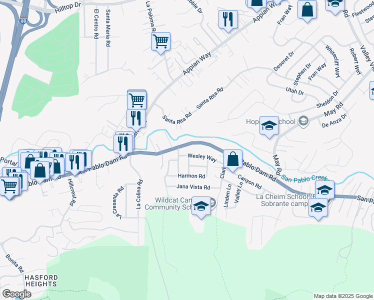 map of restaurants, bars, coffee shops, grocery stores, and more near 4350 San Pablo Dam Road in El Sobrante
