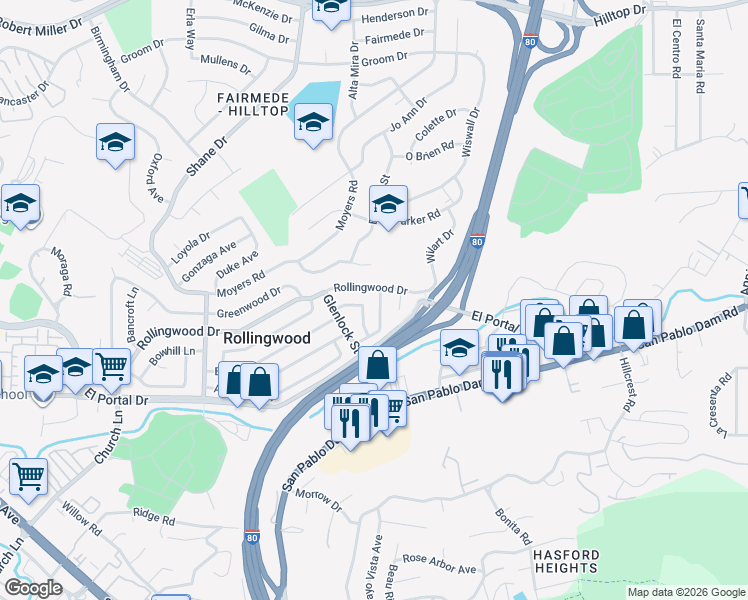 map of restaurants, bars, coffee shops, grocery stores, and more near 3080 Avon Lane in San Pablo
