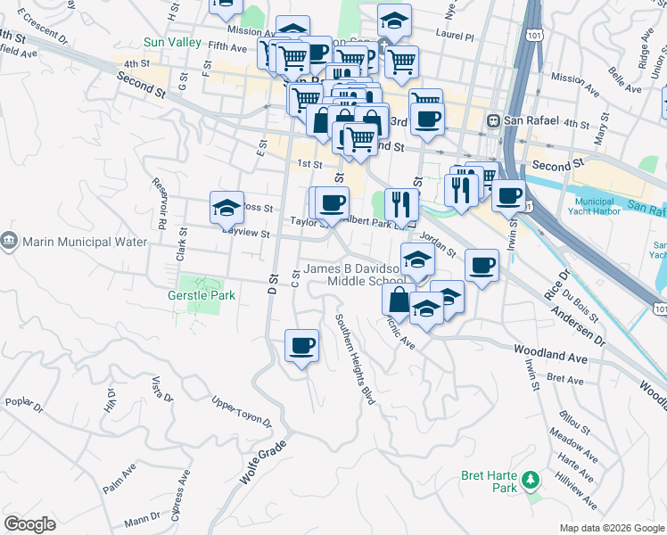 map of restaurants, bars, coffee shops, grocery stores, and more near 25 Octavia Street in San Rafael