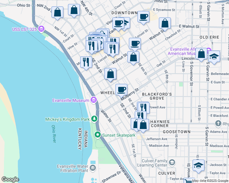 map of restaurants, bars, coffee shops, grocery stores, and more near 420 Southeast 2nd Street in Evansville