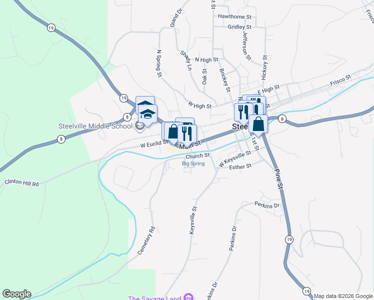 map of restaurants, bars, coffee shops, grocery stores, and more near 504 Main Street in Steelville