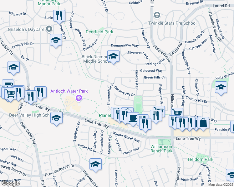 map of restaurants, bars, coffee shops, grocery stores, and more near 4641 Knollpark Court in Antioch