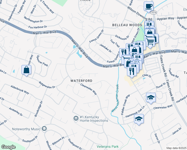 map of restaurants, bars, coffee shops, grocery stores, and more near 4164 Watertrace Dr in Lexington