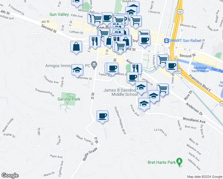 map of restaurants, bars, coffee shops, grocery stores, and more near 25 Octavia Street in San Rafael