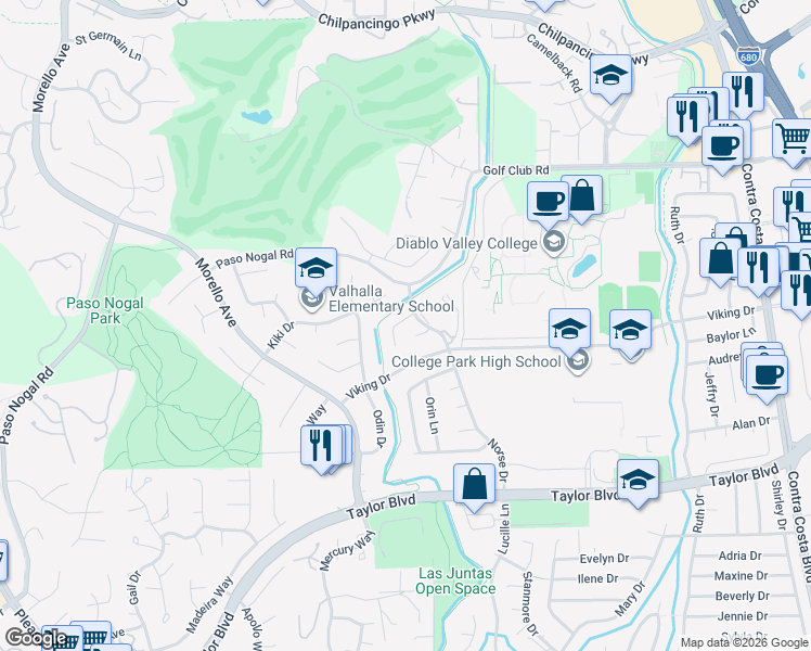map of restaurants, bars, coffee shops, grocery stores, and more near 17 Bliss Court in Pleasant Hill