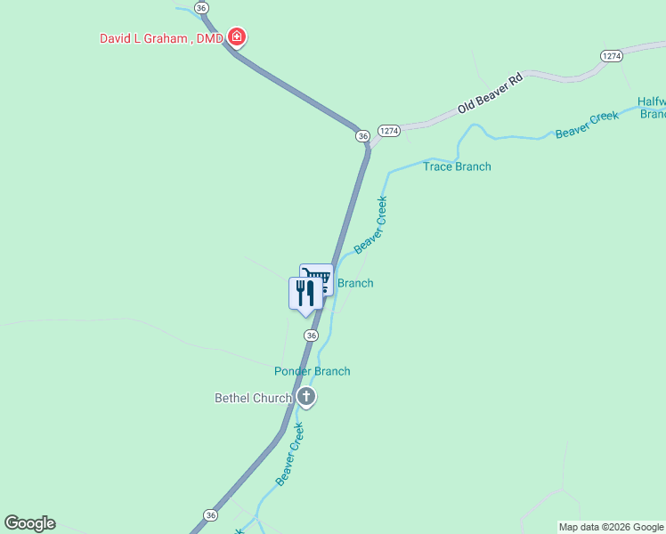 map of restaurants, bars, coffee shops, grocery stores, and more near 1309 Kentucky 36 in Frenchburg