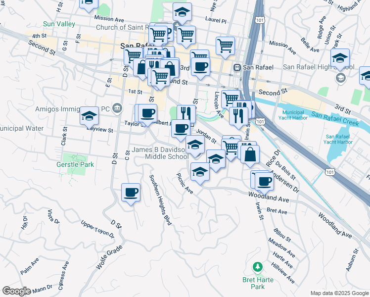map of restaurants, bars, coffee shops, grocery stores, and more near 615 Lindaro Street in San Rafael