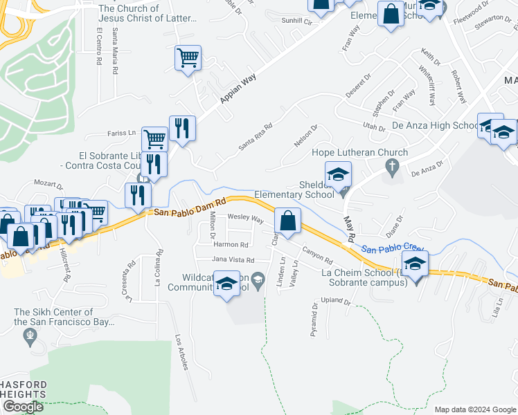 map of restaurants, bars, coffee shops, grocery stores, and more near 4430 San Pablo Dam Road in El Sobrante