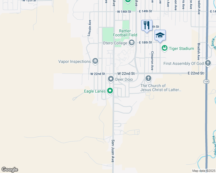 map of restaurants, bars, coffee shops, grocery stores, and more near 2307 Belleview Avenue in La Junta