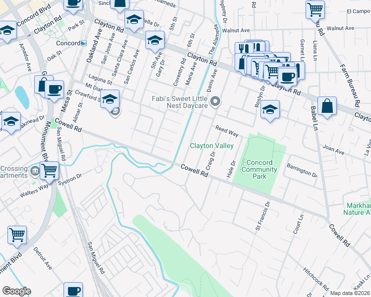 map of restaurants, bars, coffee shops, grocery stores, and more near 1237 Davis Avenue in Concord