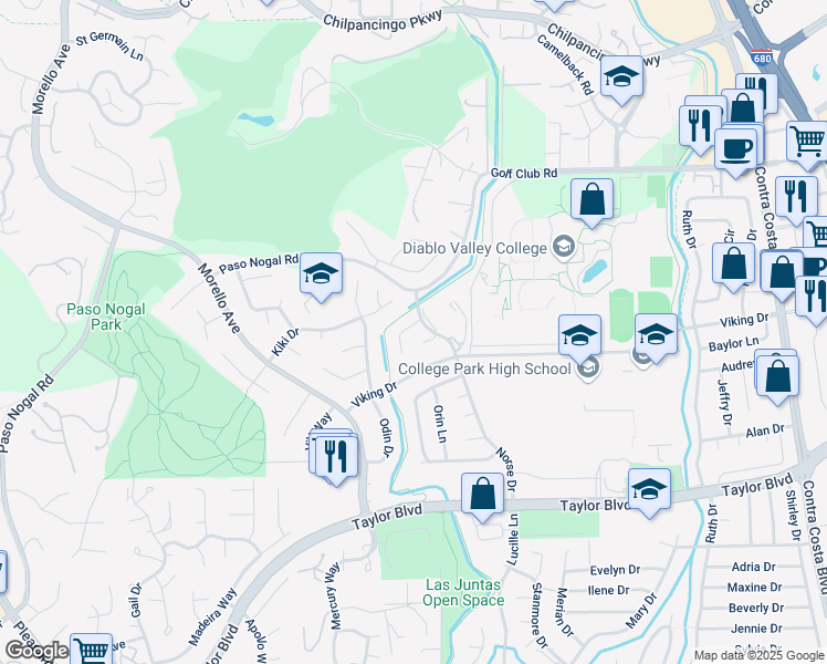map of restaurants, bars, coffee shops, grocery stores, and more near 17 Bliss Court in Pleasant Hill