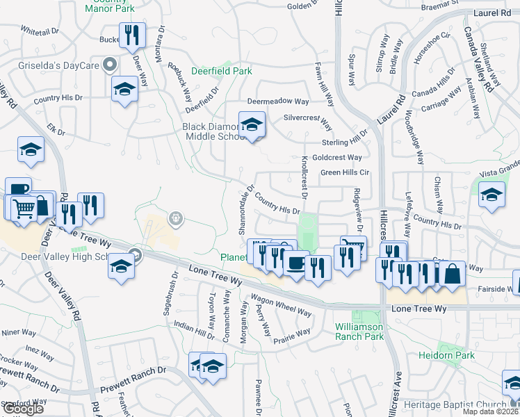 map of restaurants, bars, coffee shops, grocery stores, and more near 4641 Knollpark Court in Antioch