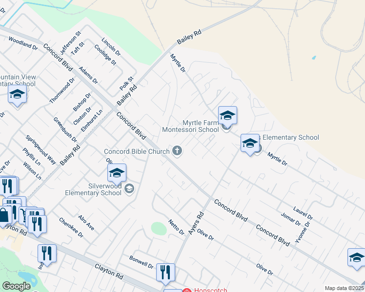 map of restaurants, bars, coffee shops, grocery stores, and more near 1840 Earl Lane in Concord