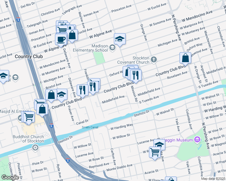 map of restaurants, bars, coffee shops, grocery stores, and more near 2346 Marine Avenue in Stockton