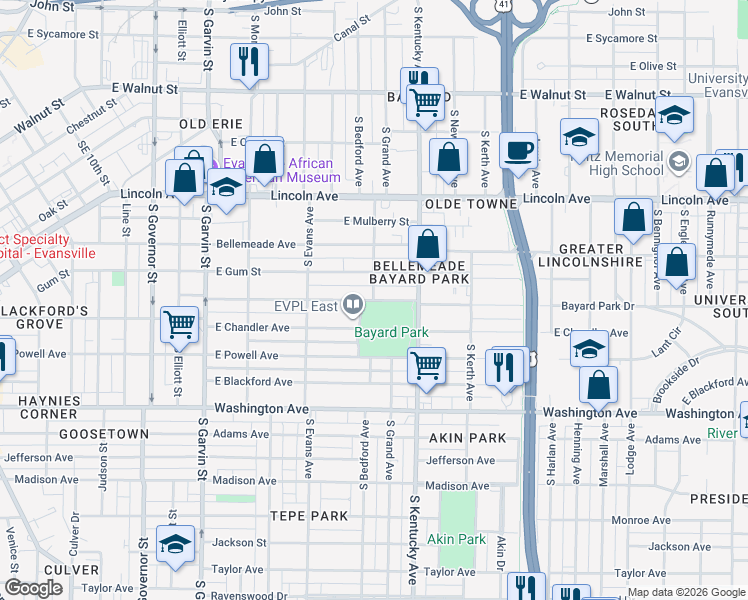 map of restaurants, bars, coffee shops, grocery stores, and more near 901 Bayard Park Drive in Evansville