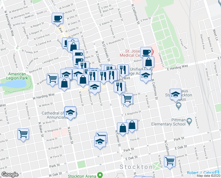 map of restaurants, bars, coffee shops, grocery stores, and more near 11 East Willow Street in Stockton