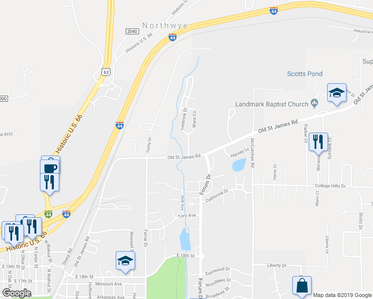 map of restaurants, bars, coffee shops, grocery stores, and more near 2105 Tenbrink Drive in Rolla