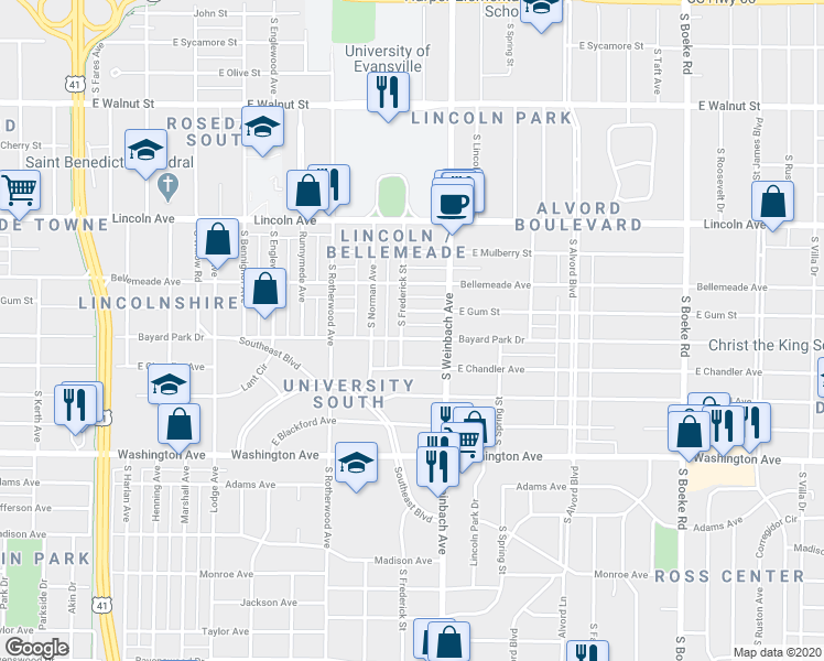map of restaurants, bars, coffee shops, grocery stores, and more near 1904 Bayard Park Drive in Evansville